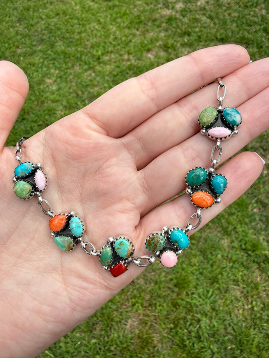 Multi Stone Sterling Silver Tri Cluster Choker Necklace