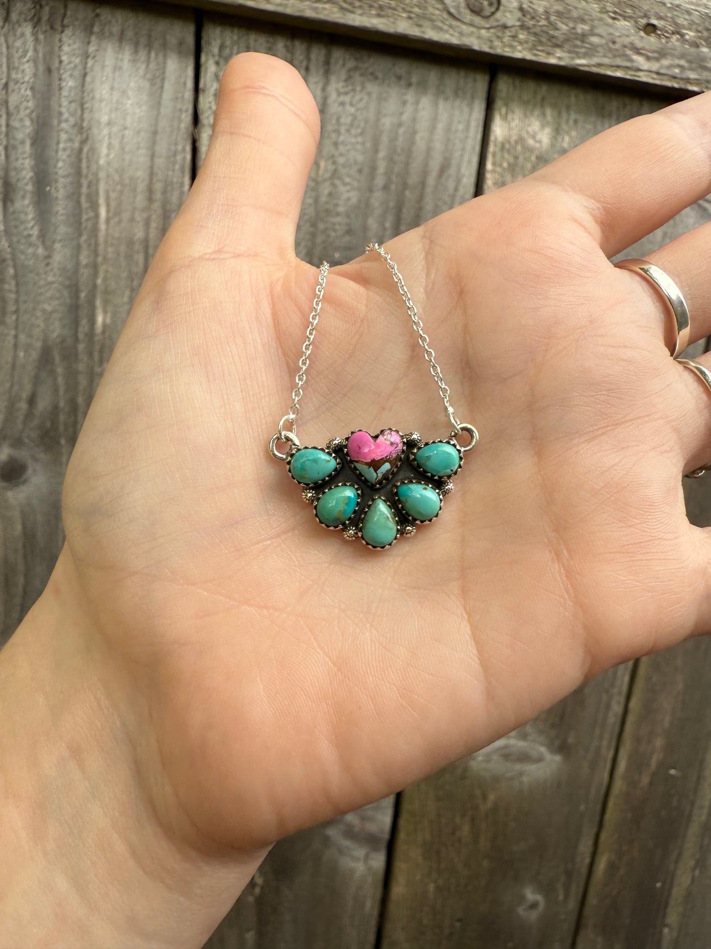 Cotton Candy And Kingman Turquoise Heart Half Flower Sterling Silver Necklace