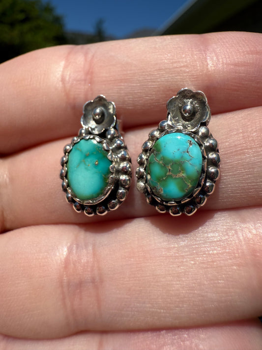 Sonoran Gold Turquoise Sterling Silver Stone And Flower Accent Stud Earrings