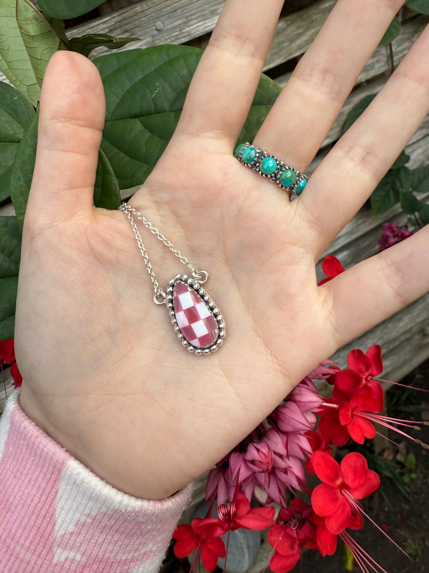 Pink Opal Checkered Sterling Silver 925 Necklace