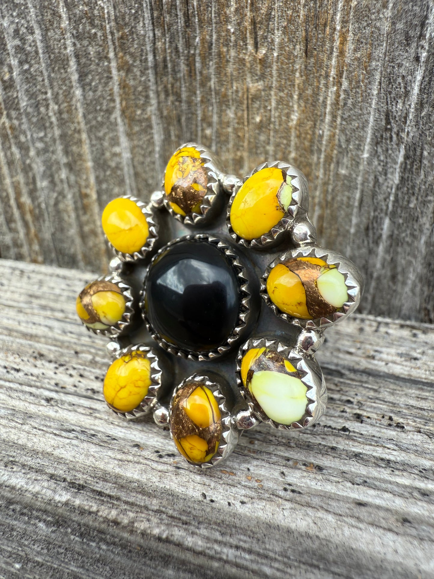 Honey Dahlia & Black Onyx Gemstone Sterling Silver Size 7 Adjustable Ring