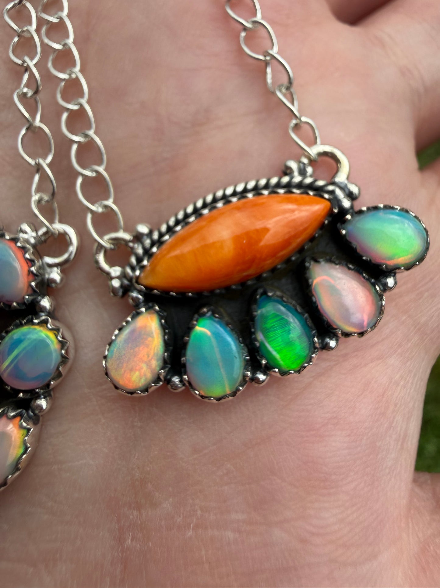 Orange Spiny and Balloon Opal Sterling Silver Fully Adjustable Necklace