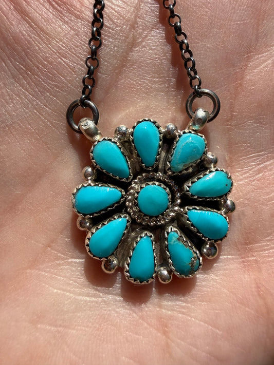 Zuni Turquoise Full Flower Cluster Sterling Silver Necklace