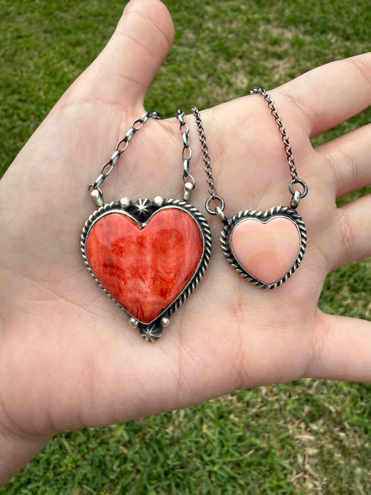 Navajo Heart Pink Conch and Red Spiny Sterling Silver Necklace by Johnny Dixon