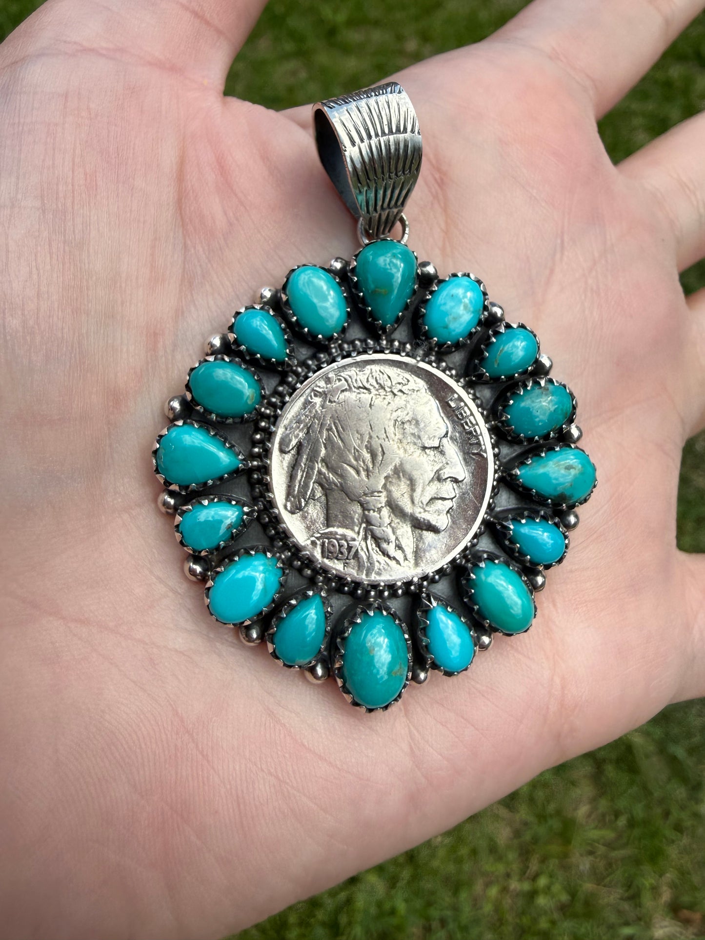 Kingman or Pink Conch Full Flower Coin Sterling Silver Pendant