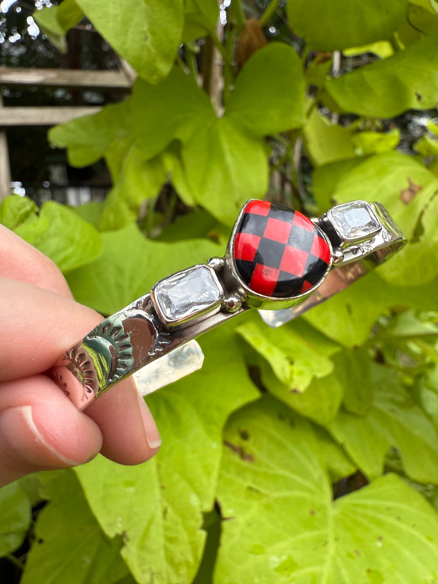 Red and Black Checkered Sterling Silver 925 Cuff