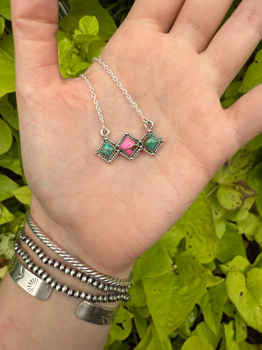 Cotton Candy And Turquoise Diamond Bar Necklace