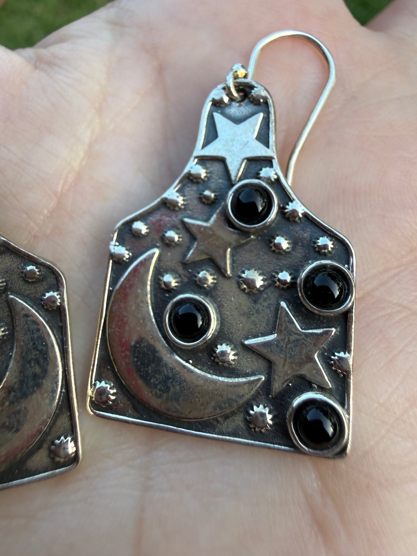 Black Onyx Star and and Moon Cow Tag Style Sterling Silver Earrings