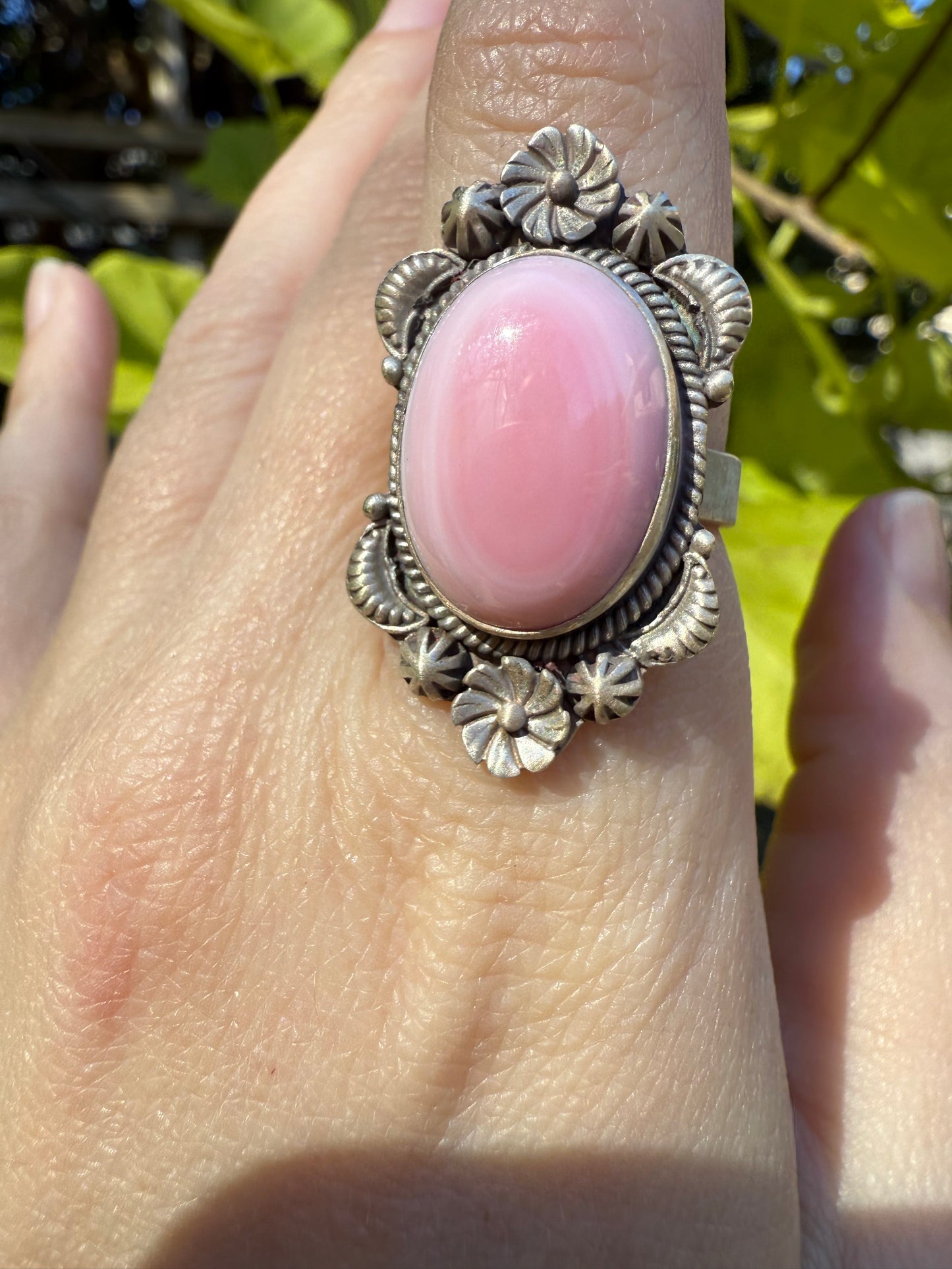 Pink Conch Flower Accent Sterling Silver 925 Adjustable Ring