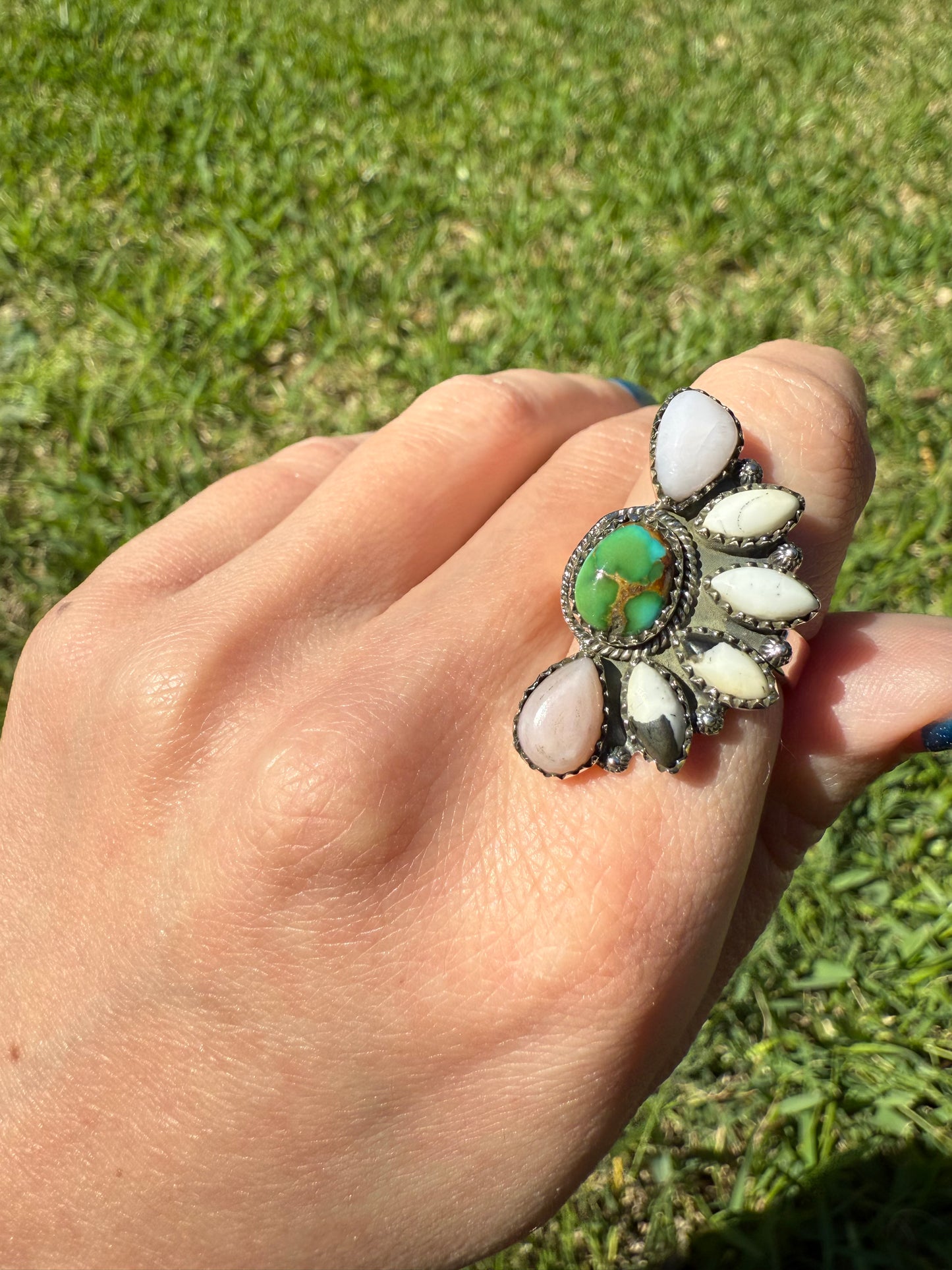 Sonoran Gold Turquoise, White Buffalo, And Pink Opal Sterling Silver Adjustable Ring