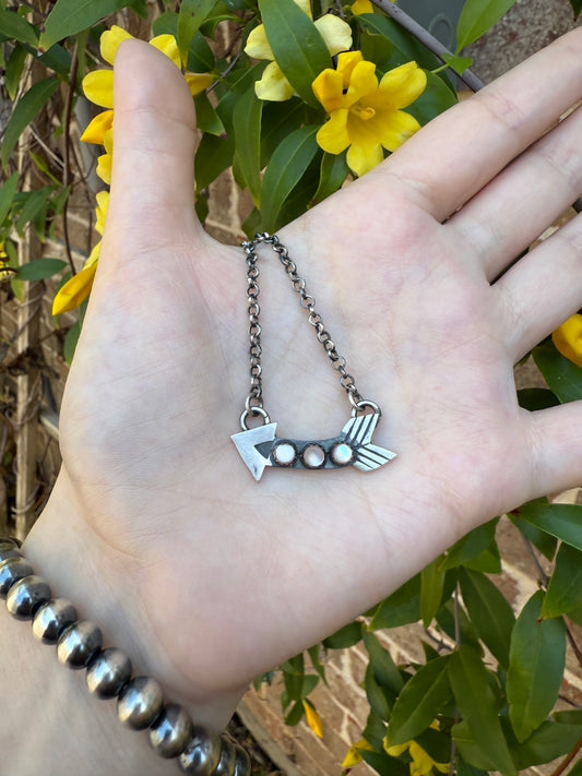 Navajo Mother Of Pearl Arrow Sterling Silver Necklace by Harold Tahe