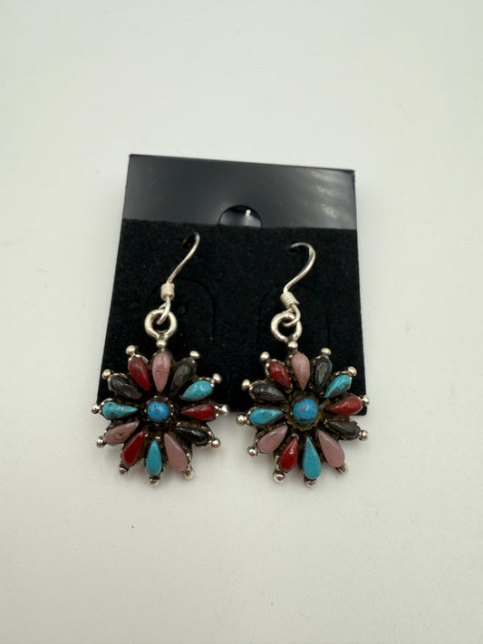 Multicolor Turquoise Needle Point Flower Earrings