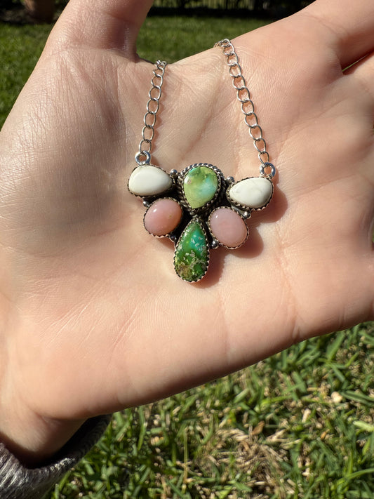 Sonoran Gold Turquoise, Pink Opal, White Buffalo Sterling Silver Necklace