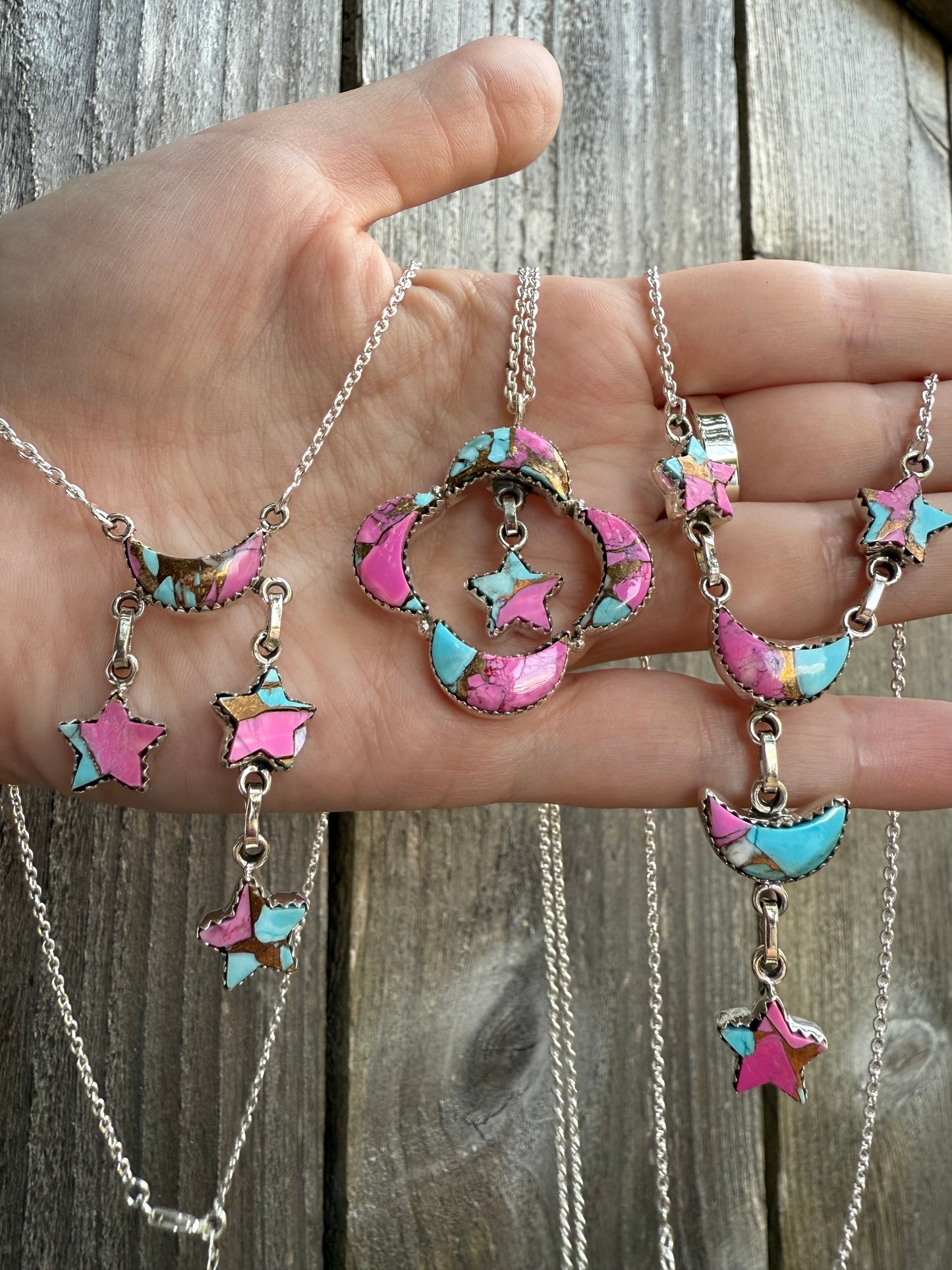 Cotton Candy Turquoise Unique Star and Moon Statement Sterling Silver Necklace