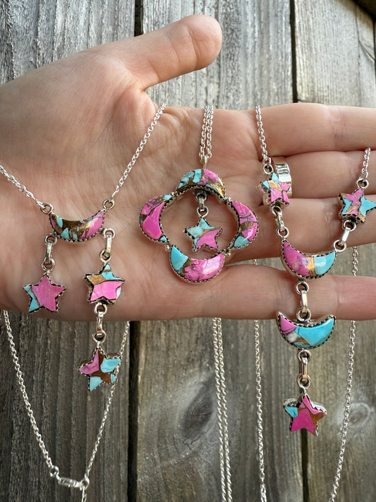 Cotton Candy Turquoise Unique Star and Moon Statement Sterling Silver Necklace