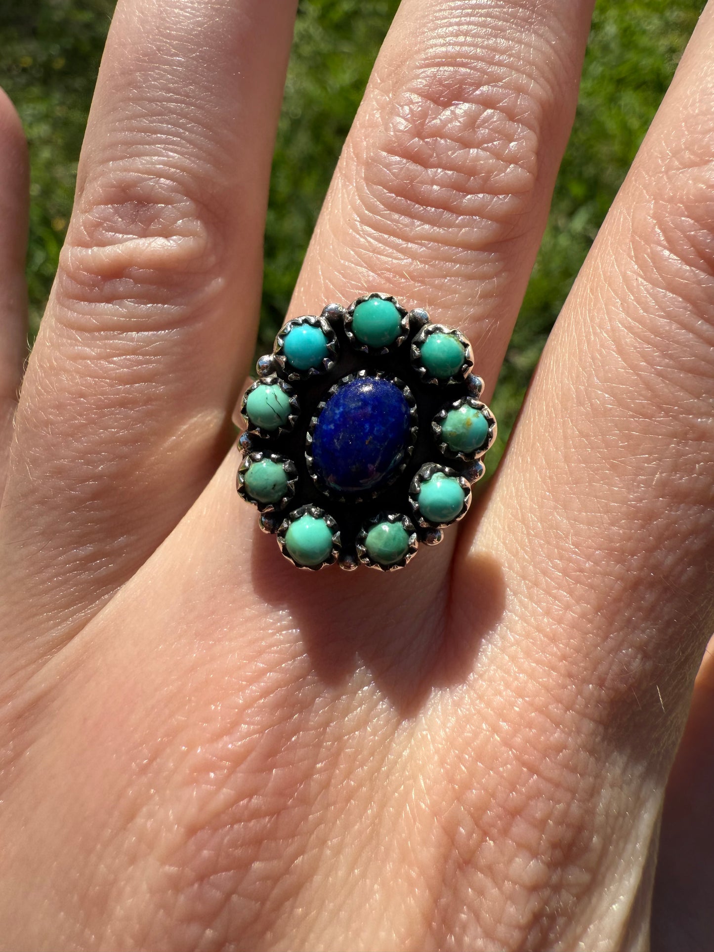 Turquoise and Blue Lapis Full Flower Sterling Silver Adjustable Ring