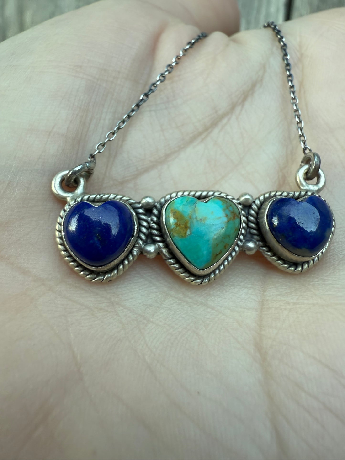 Turquoise and Blue Lapis Triple Heart Bar Sterling Silver Necklace