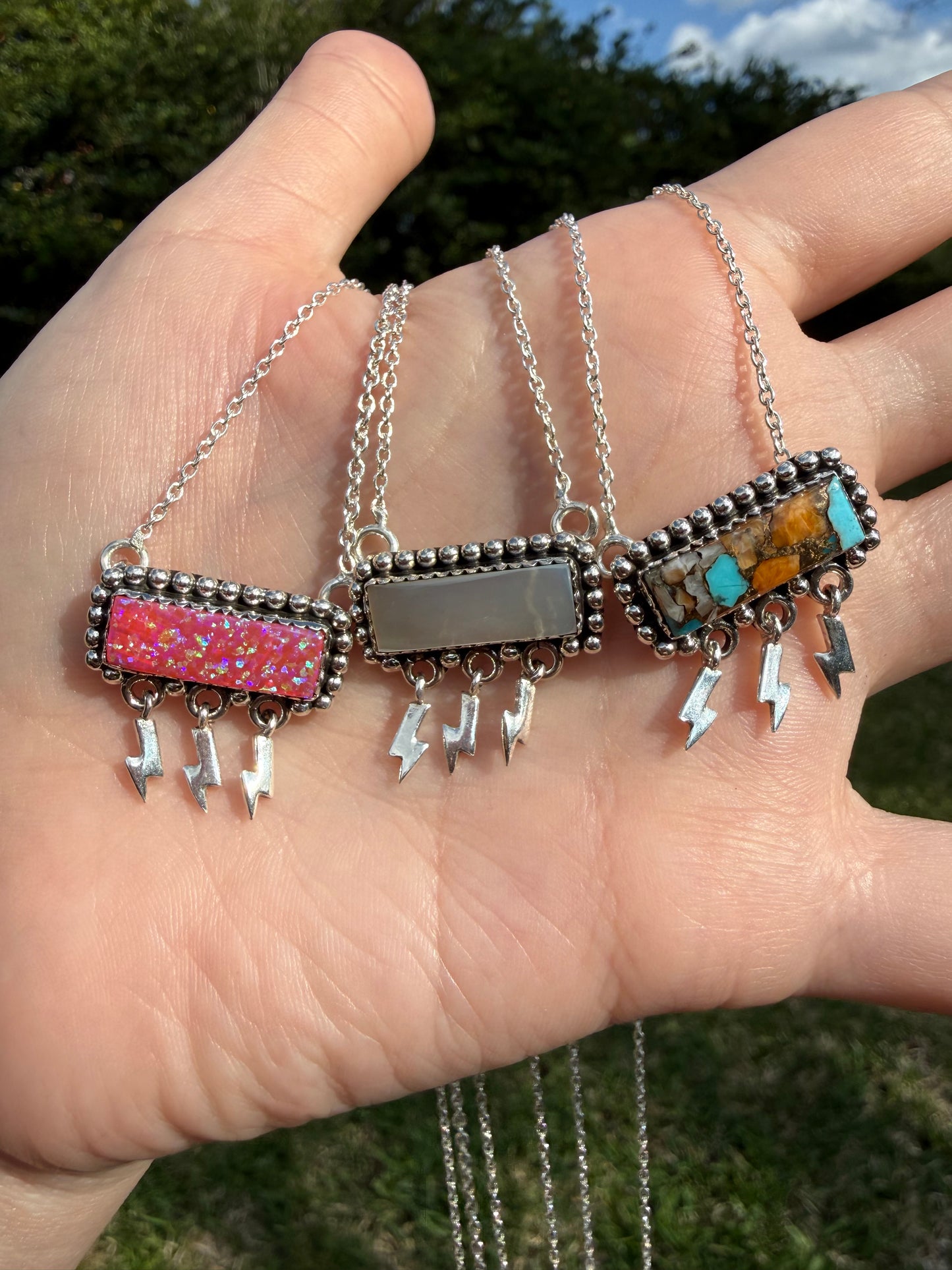 Lightening Bolt Triple Dangle Bar Sterling Silver Gemstone Necklace