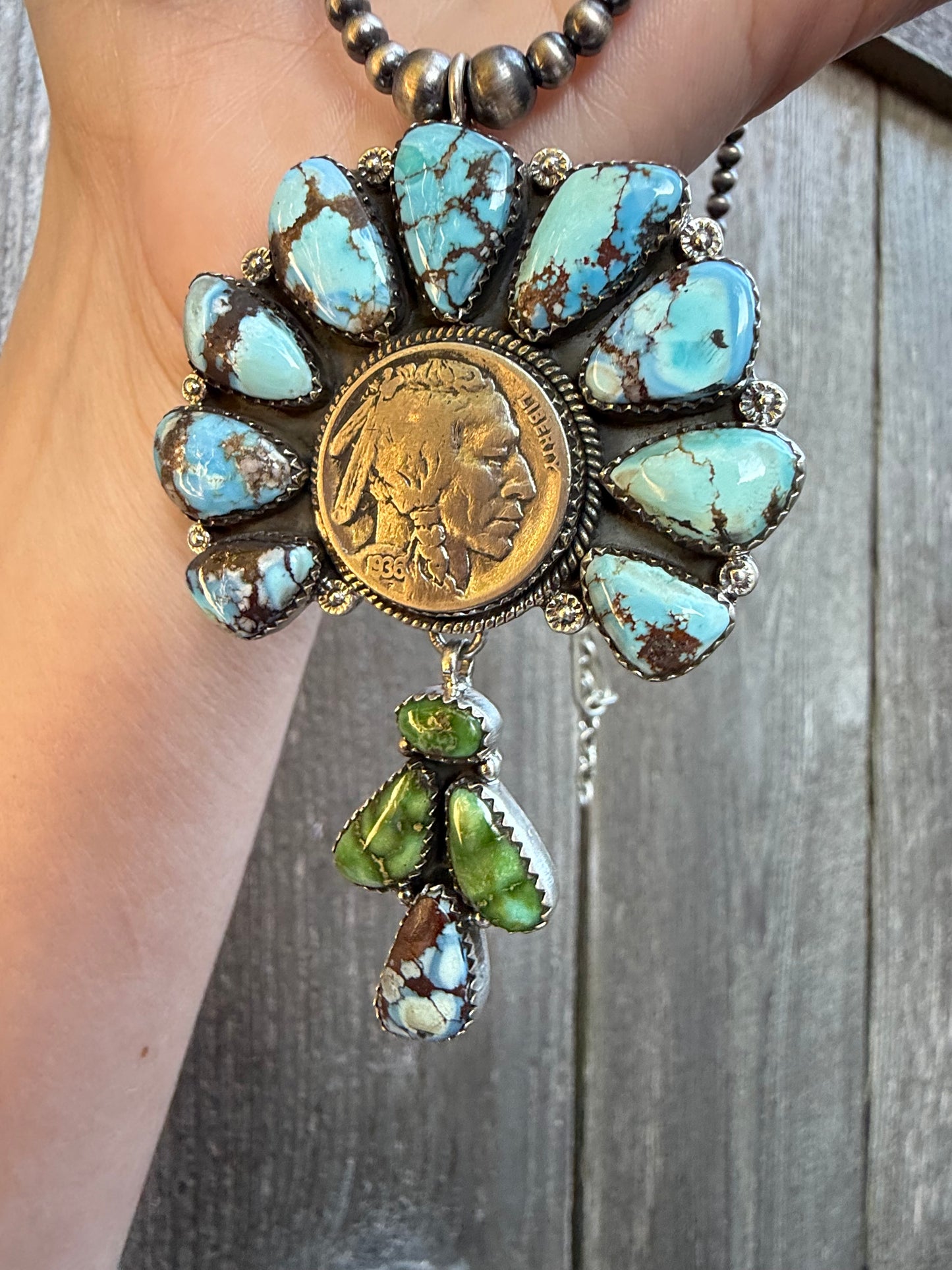 Liberty Coin Golden Hills and Sonoran Gold TurquoiseStatement Sterling Silver Necklace