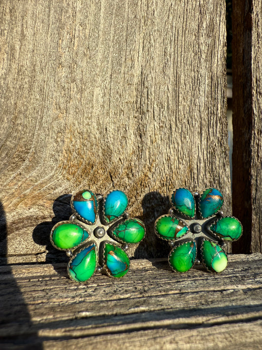 Peacock Dahlia Flower Green and Blue Sterling 925  Earrings