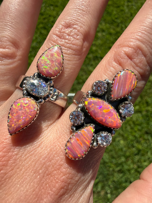 Peach Balloon Opal and CZ Crystal Adjustable Sterling Silver Ring