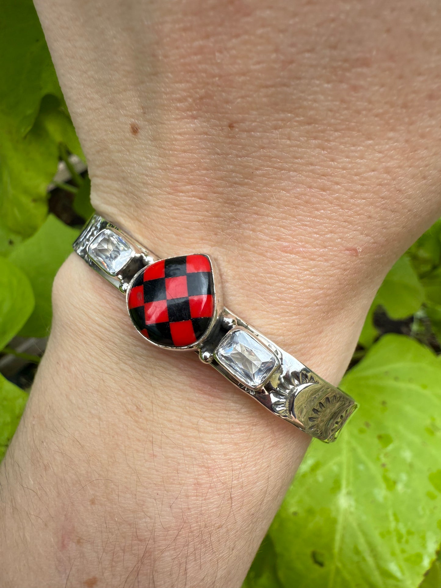 Red and Black Checkered Sterling Silver 925 Cuff