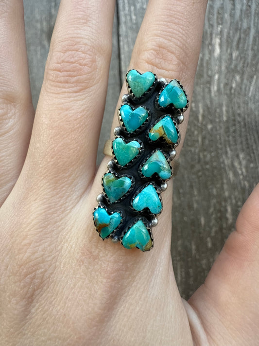 Kingman Turquoise Heart Bar Cluster Sterling Silver Ring