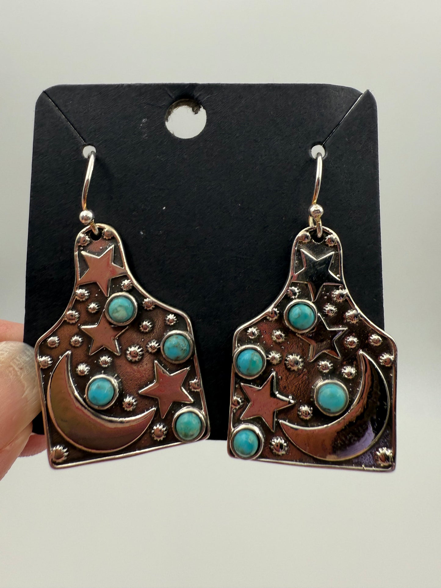 Turquoise Star and and Moon Tag Style Sterling Silver Earrings