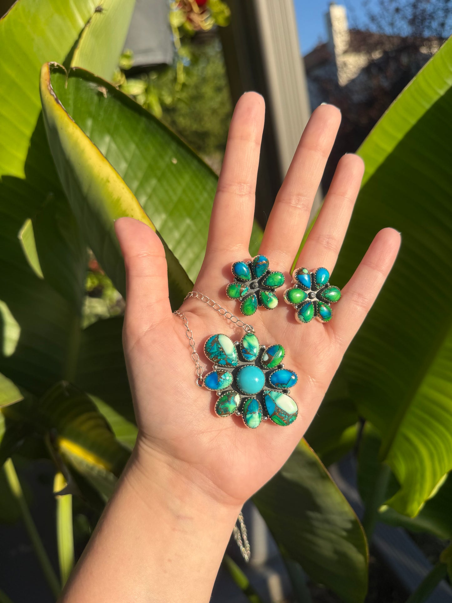Peacock Dahlia Turquoise and Green Stone Flower 925 Sterling Silver Necklace
