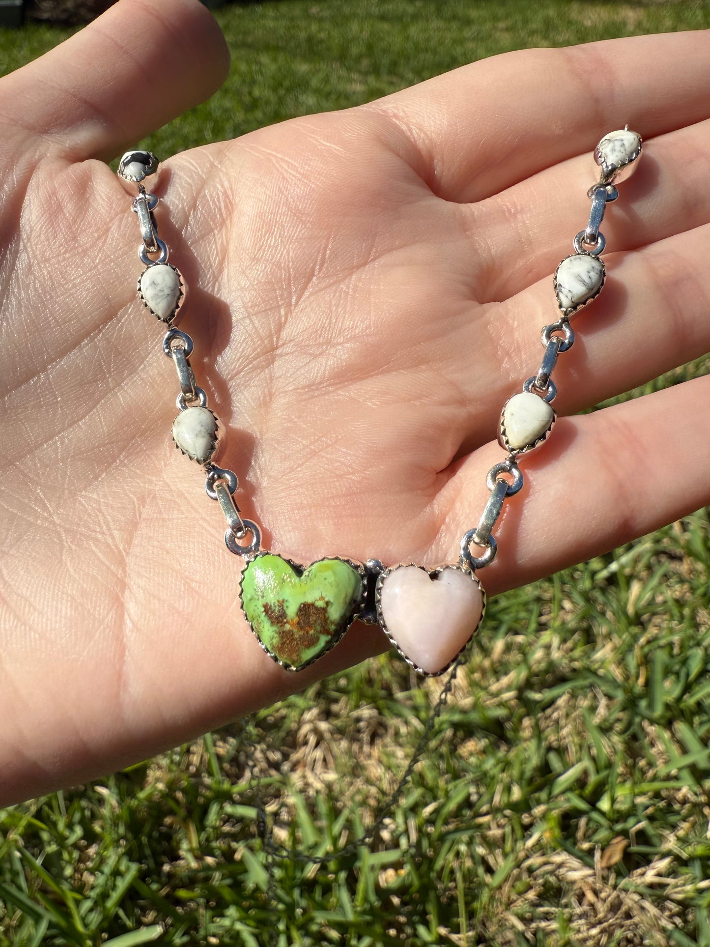 Sonoran Gold Turquoise, Pink Opal, White Buffalo Sterling Silver Necklace