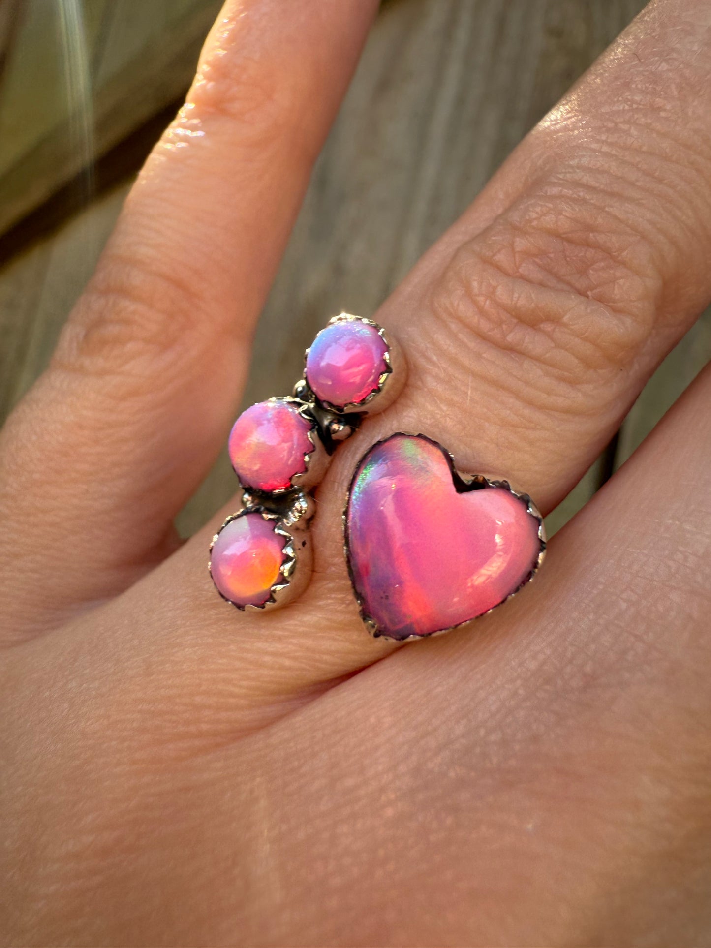 Pink Balloon Opal Heart Floater Sterling Silver Ring