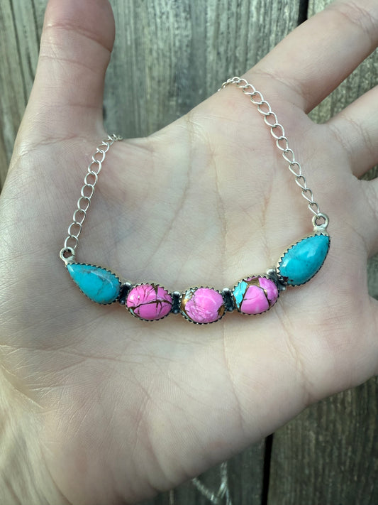 Cotton Candy and Turquoise Statement Big Bar Sterling Silver Necklace