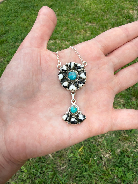 Turquoise and White Buffalo Full Flower Lariat Sterling Silver Necklace