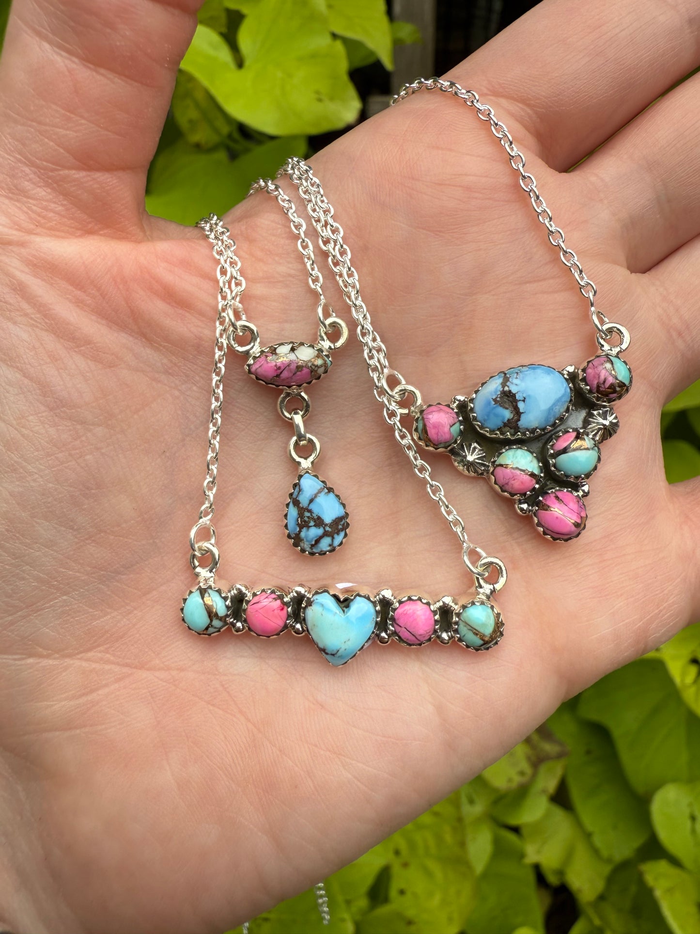 Cotton Candy And Golden Hills TurquoiseHeart Sterling Silver Bar Necklace