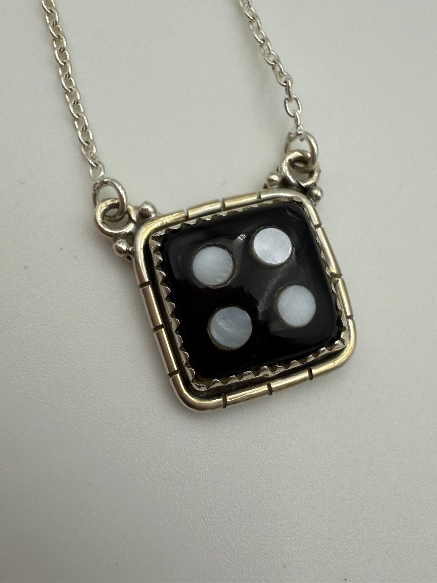 Black Onyx And Mother of Pearl Sterling Silver Dice Necklace