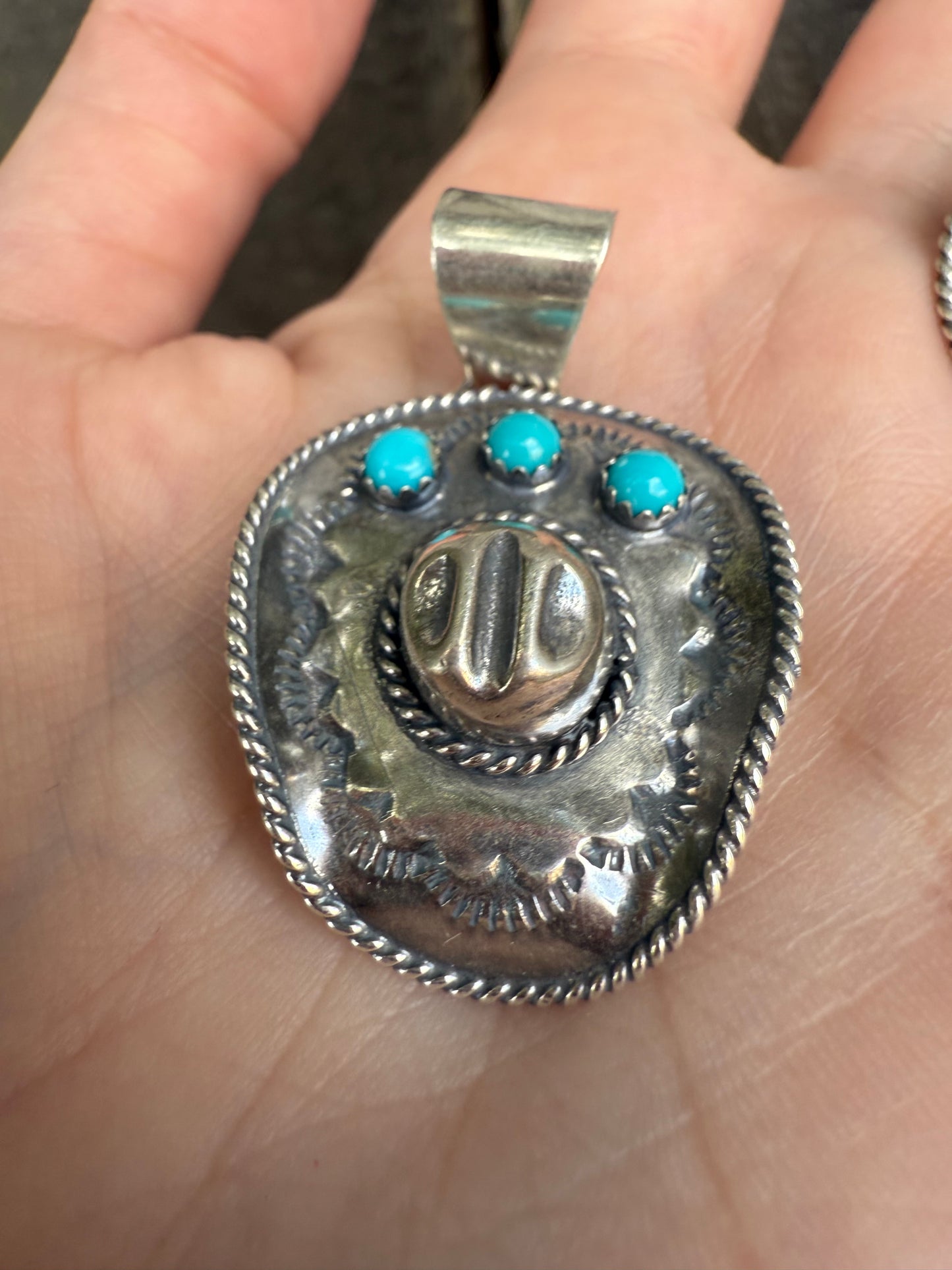 Navajo Turquoise Cowboy Hat By Bobby Platero Sterling Silver Pendant and Ring