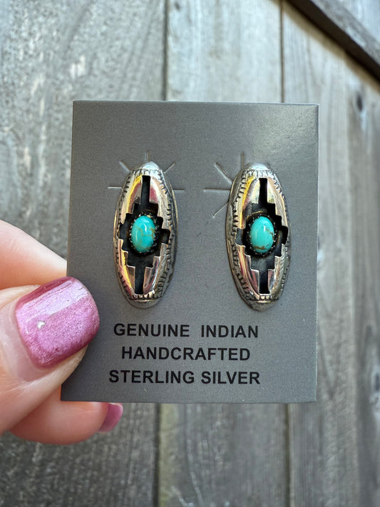 Navajo Turquoise Shadow Box Sterling Silver Earrings by Felix Perry