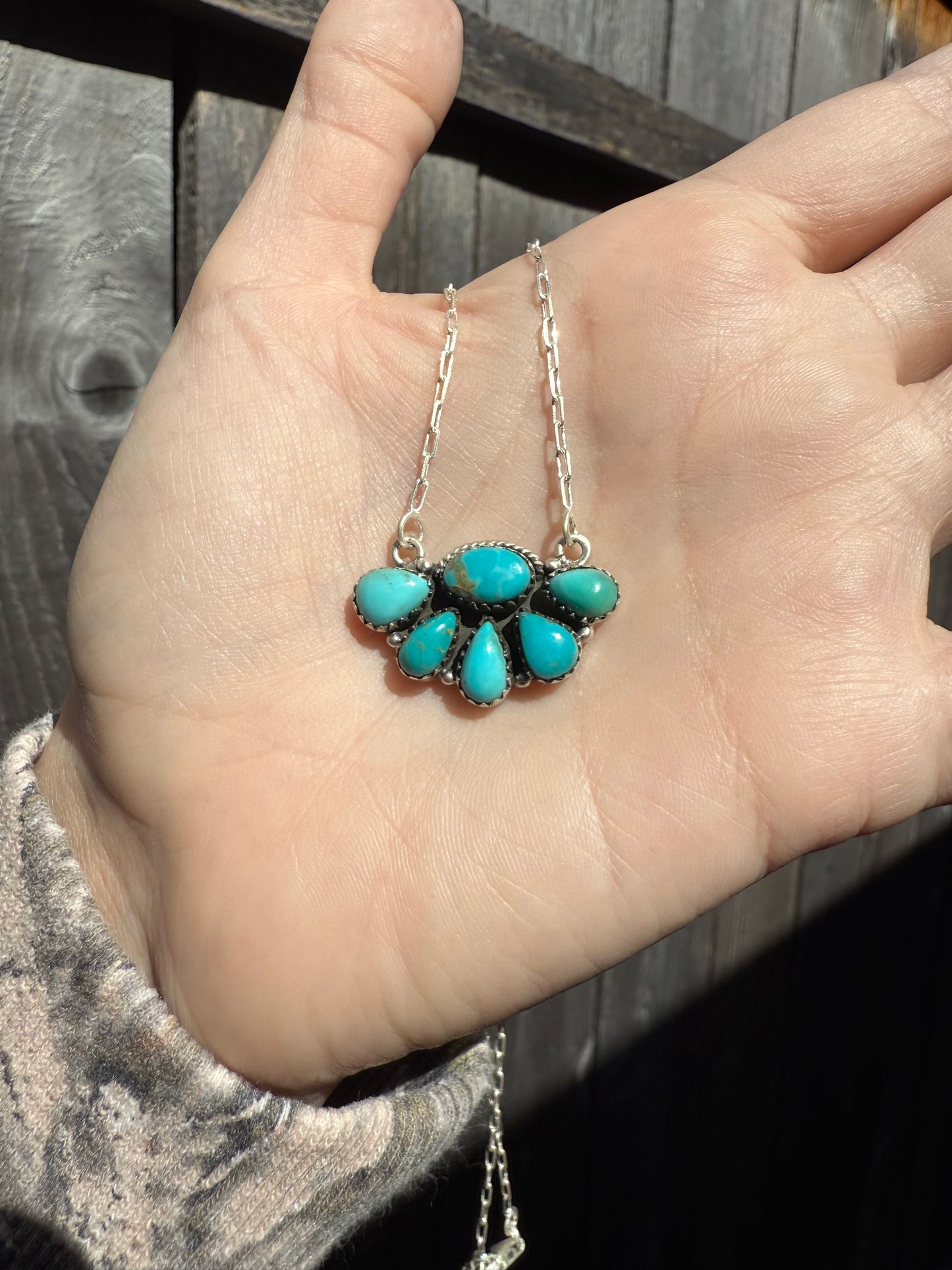 Turquoise Half Cluster Sterling Silver Necklace