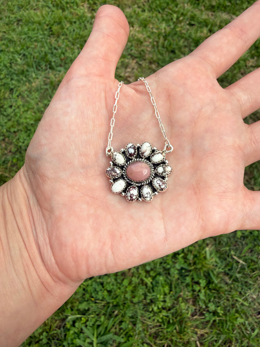 Pink Opal and Wild Horse Full Flower Sterling Silver Necklace