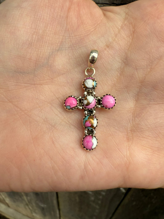 Cotton Candy Turquoise Sterling Silver Cross Pendant