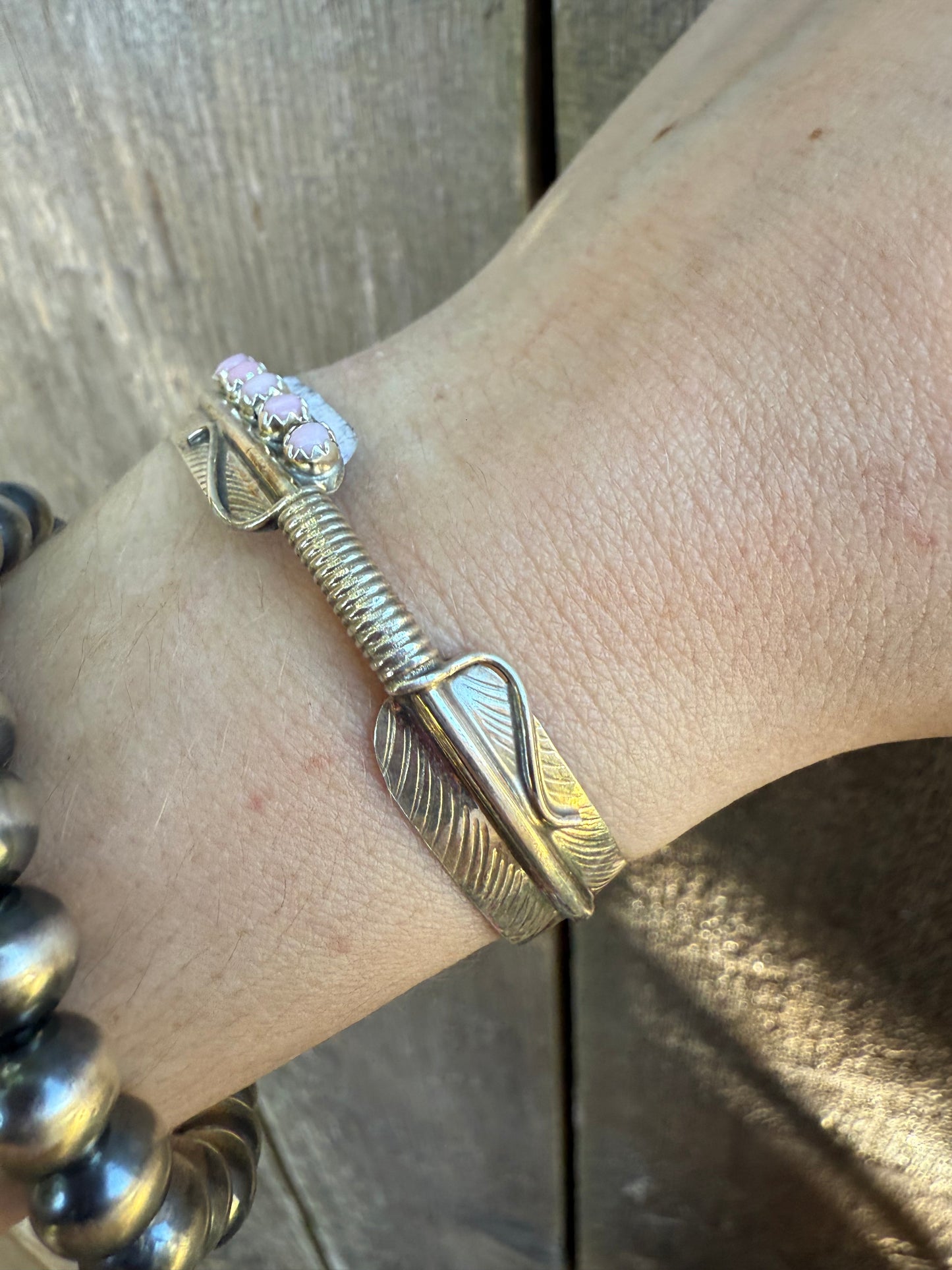 Navajo Pink Conch Feather Sterling Silver Cuff Bracelet by Aaron Davis