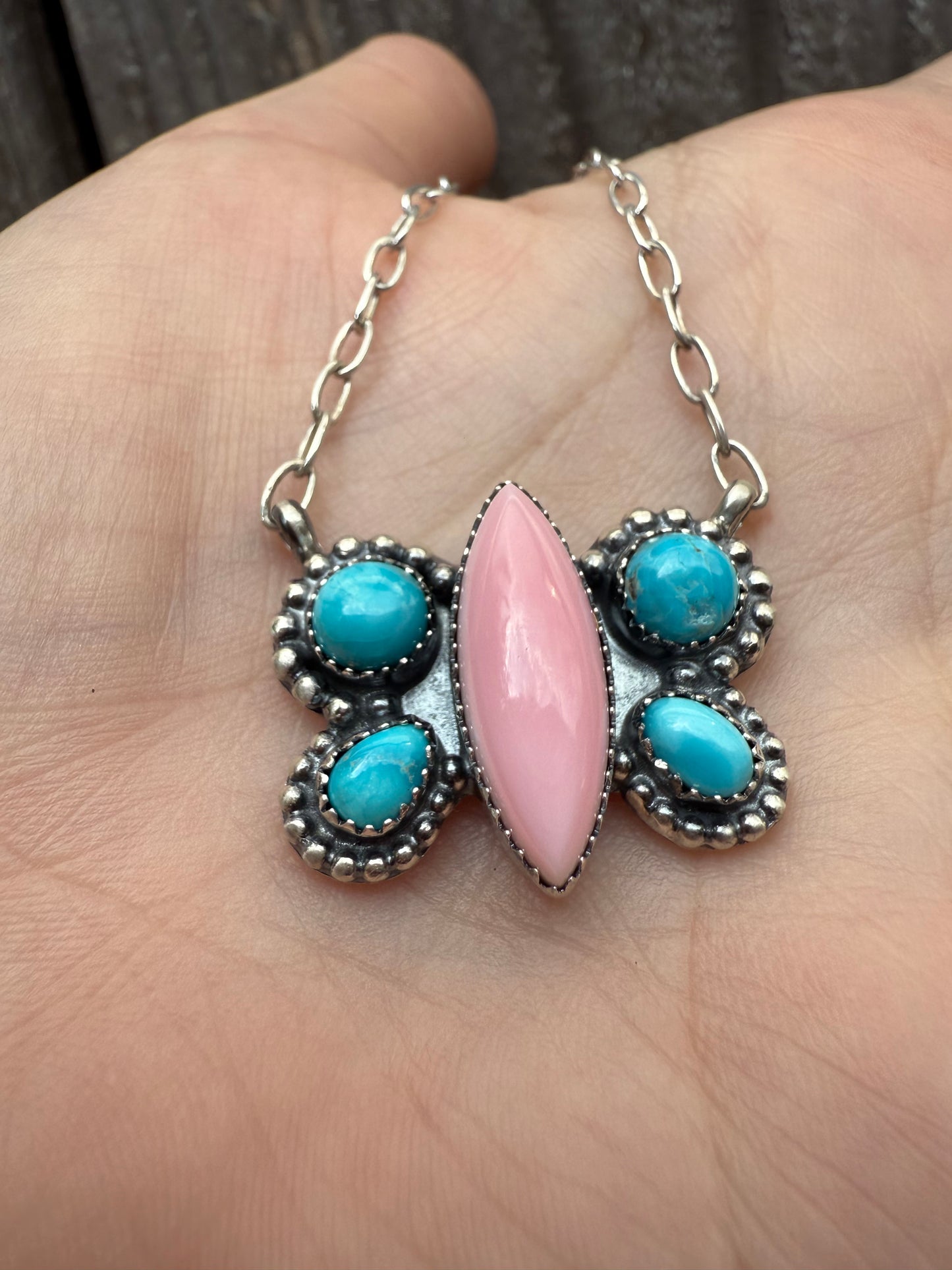 Pink Conch and Blue Bird Butterfly Necklace By Midwest Western Wear