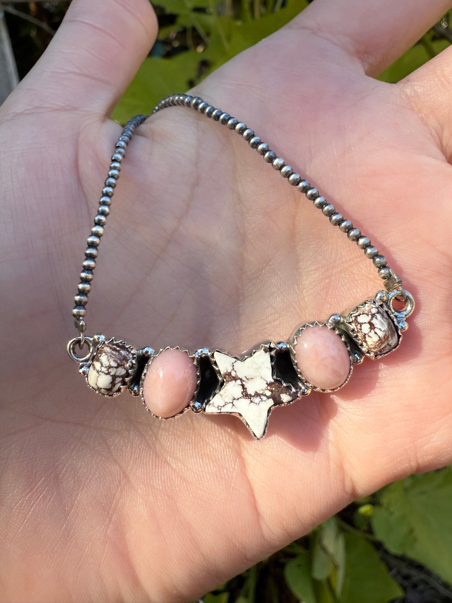 Wild Horse Pink Opal Star Desert Pearl Sterling Silver Necklace