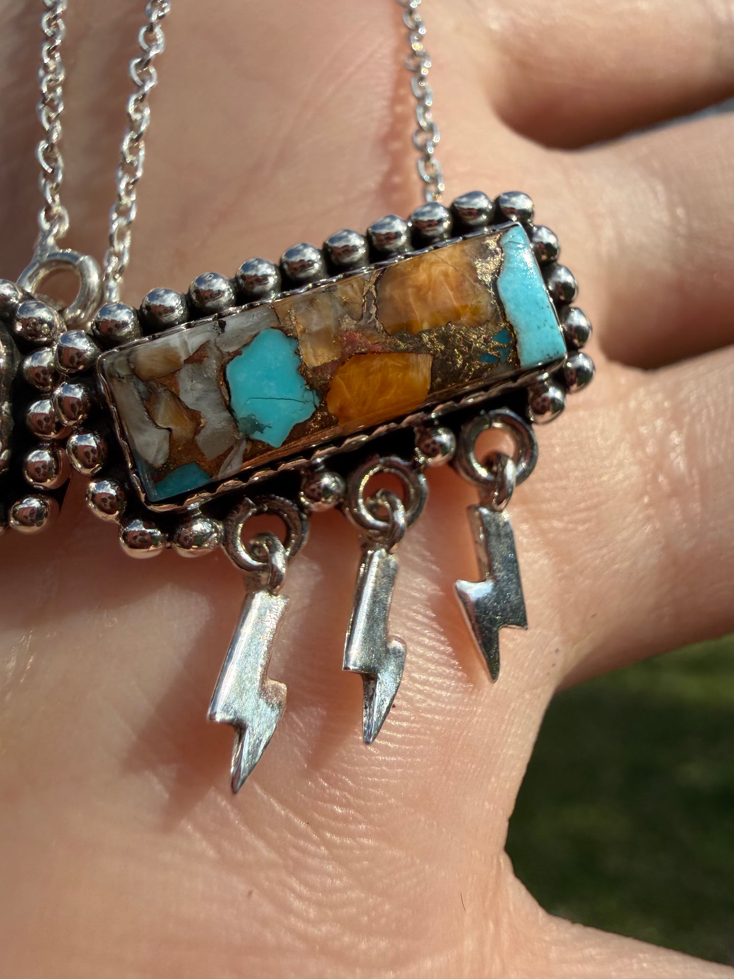 Lightening Bolt Triple Dangle Bar Sterling Silver Gemstone Necklace