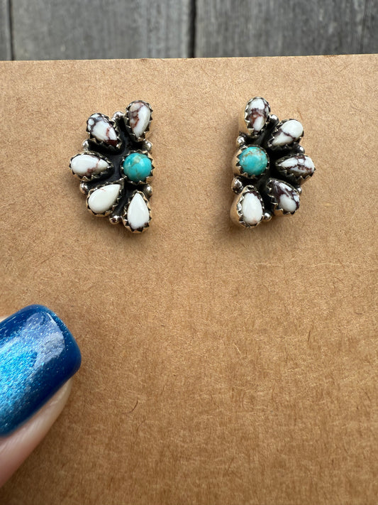 Turquoise and Wild Horse Half Flower Sterling Silver Earrings