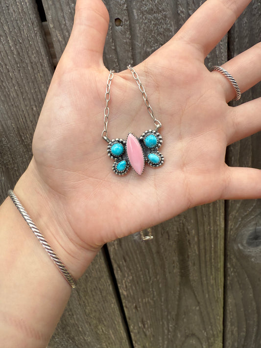 Pink Conch and Blue Bird Butterfly Necklace By Midwest Western Wear