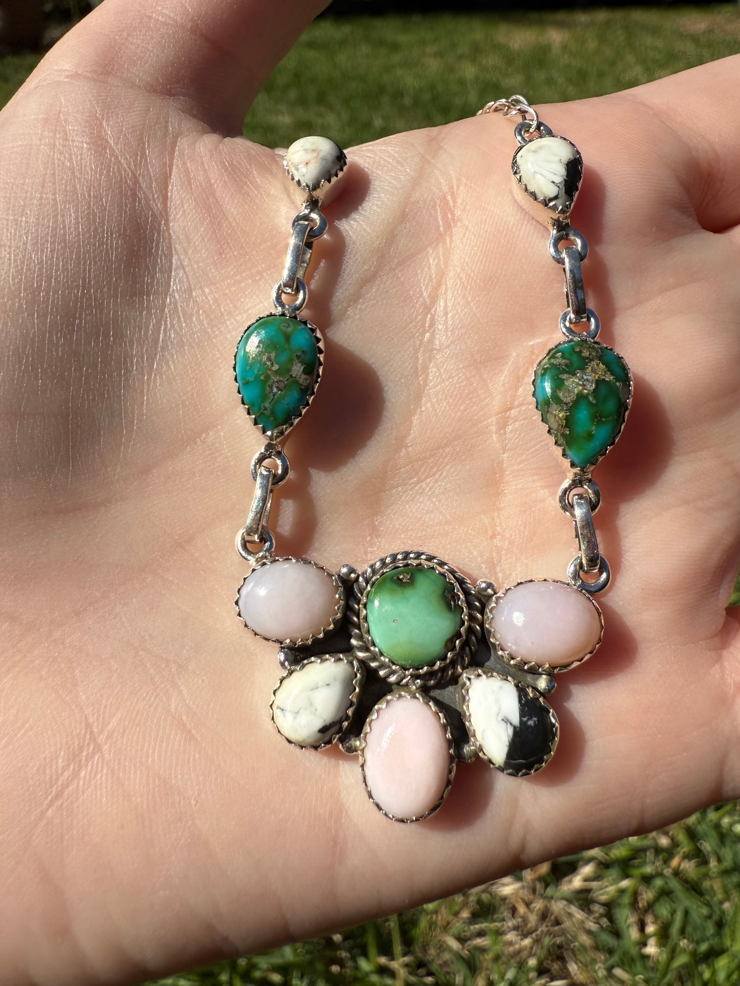 Sonoran Gold Turquoise, Pink Opal, White Buffalo Sterling Silver Necklace