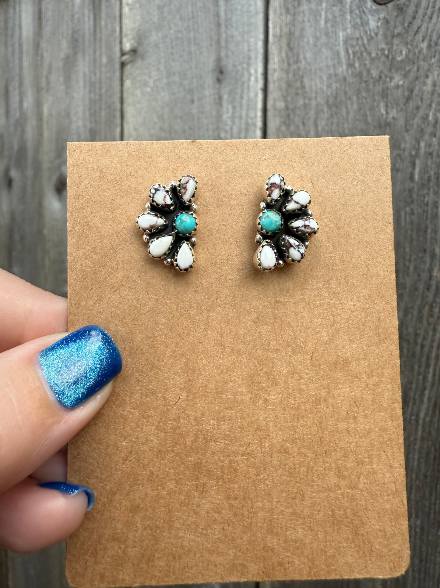 Turquoise and Wild Horse Half Flower Sterling Silver Earrings