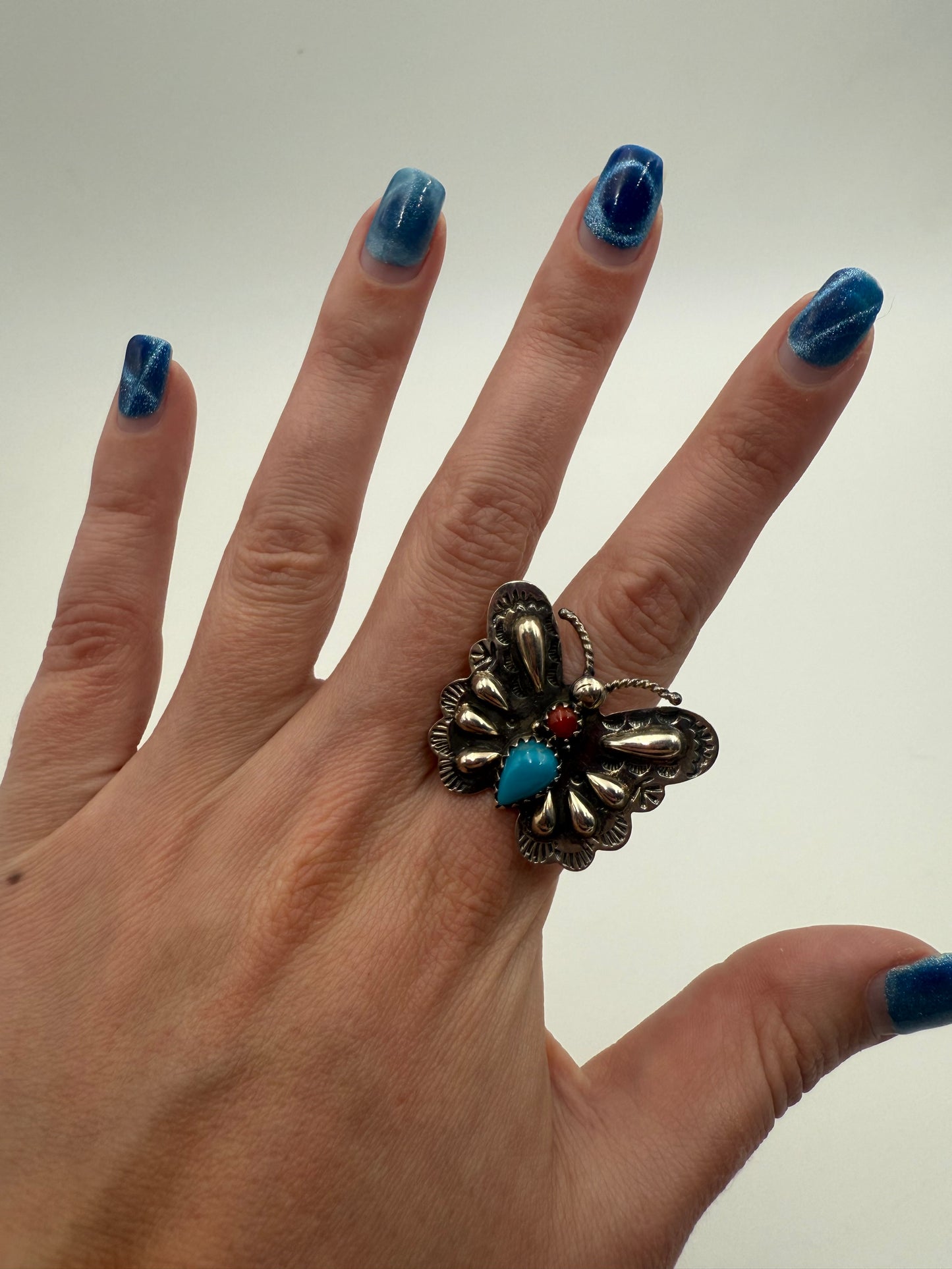Kingman and Coral Butterfly Sterling Silver Handmade Ring - Size 8