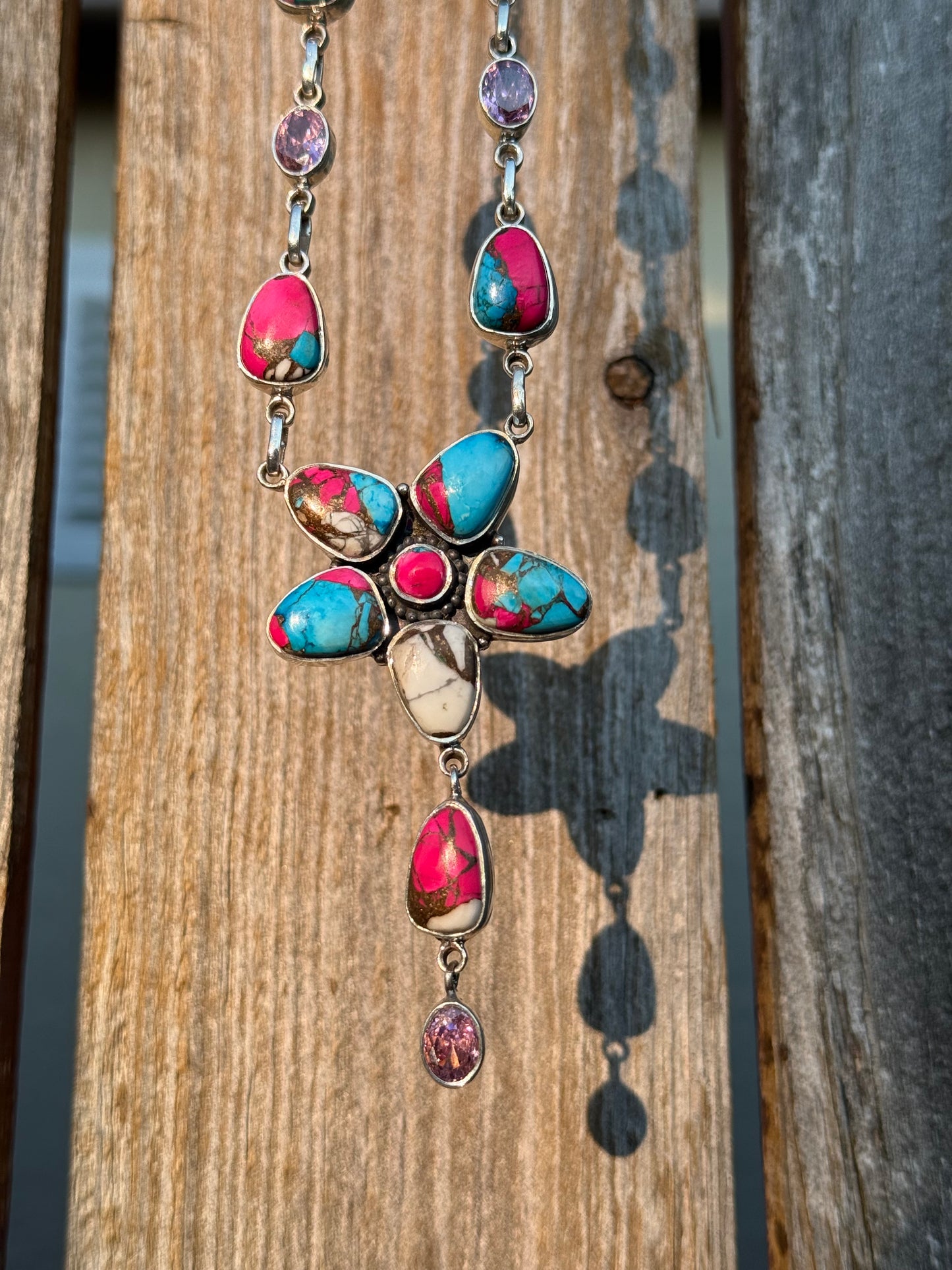 Cotton Candy Turquoise With CZ Crystals Colorful Stone Sterling Necklace 925